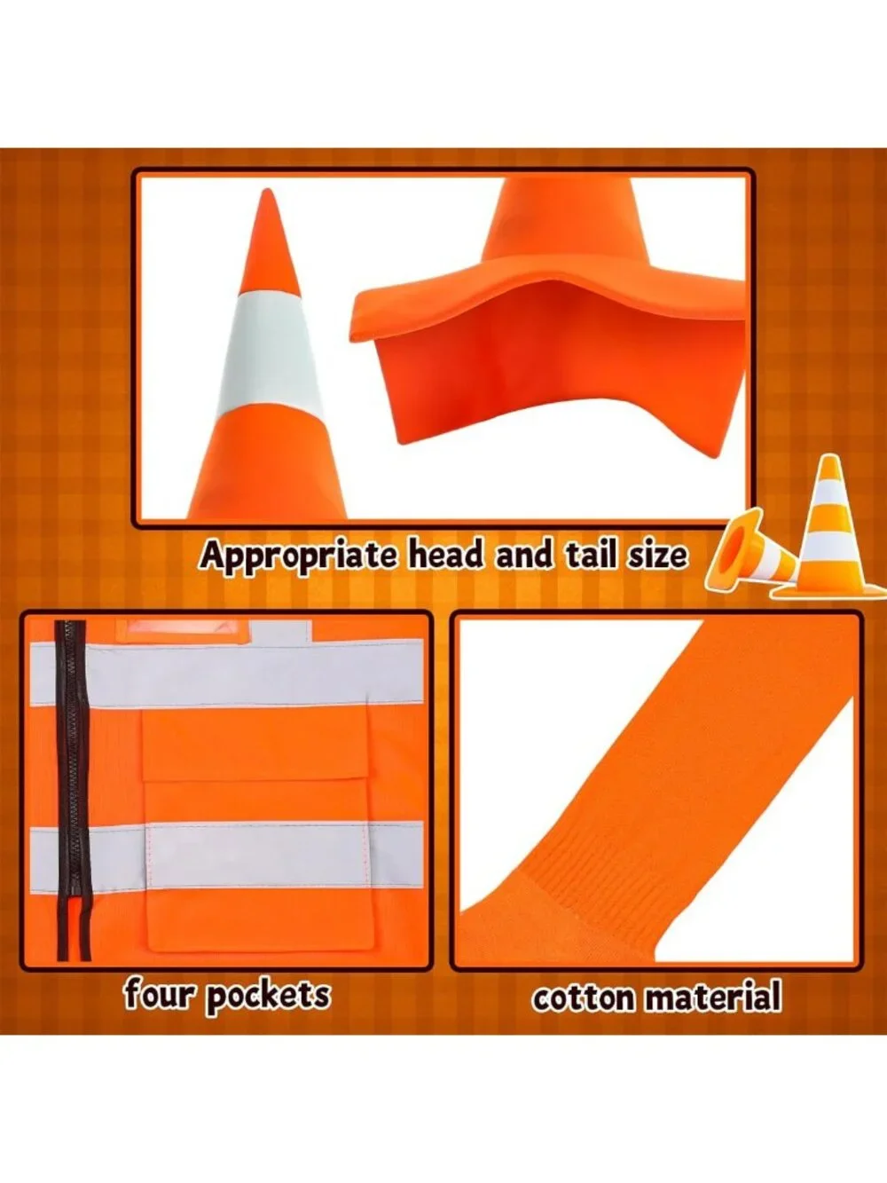 9 Pcs Traffic Cone Costume Set for Halloween, Construction Worker Outfit